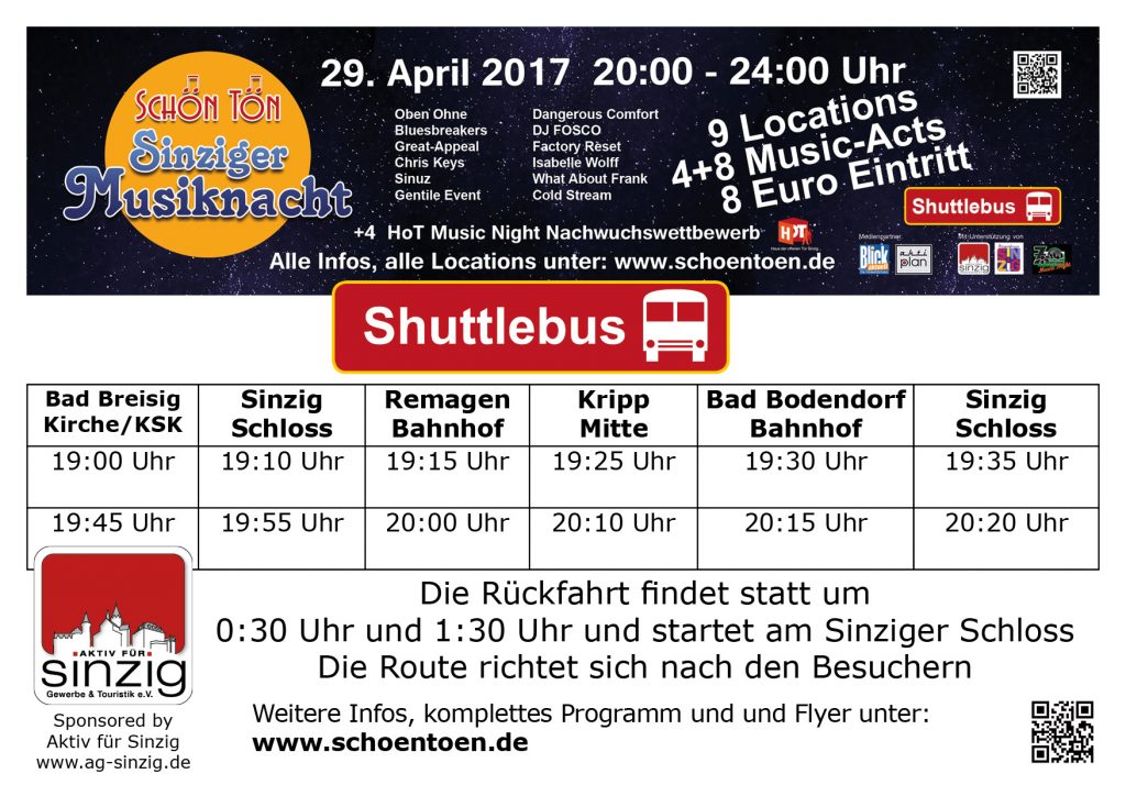 Shuttlebus Fahrplan Sinziger Musiknacht 2017